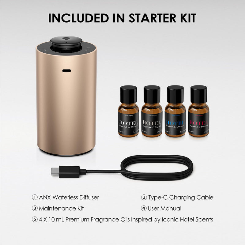 Airversa Waterless Essential Oil Diffuser Starter Kit with 4x10mL Hotel Fragrance Oils for Car Home Office, Premium Aluminum Housing, Aroma Nebulizer Baterry Operated, ANX Kit-D Desert Titanium Titanium2 w/ Oils