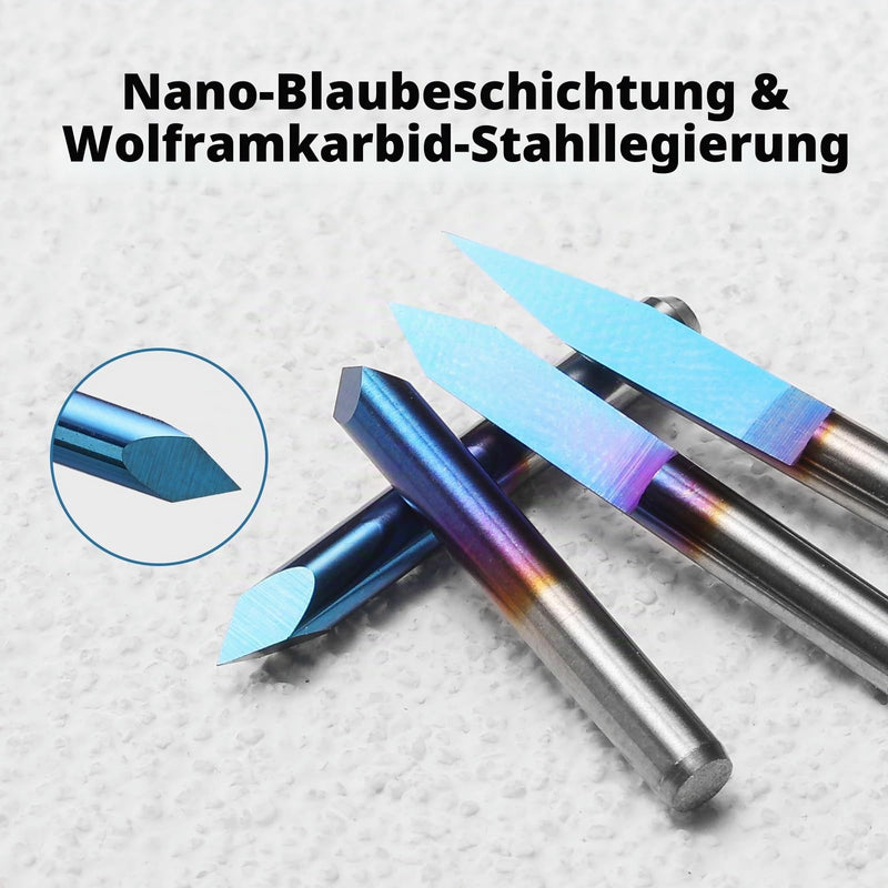 Genmitsu 10pcs CNC Router Bit Set with 1/8" Shank Flat V Bit:20/30/45/60/90 Degree Triangle V Bit:20/30/45/60/90 Degree 0.1mm Tip Nano Blue Tapered Coating 20/30/45/60/90 degrees, 0.1mm tip