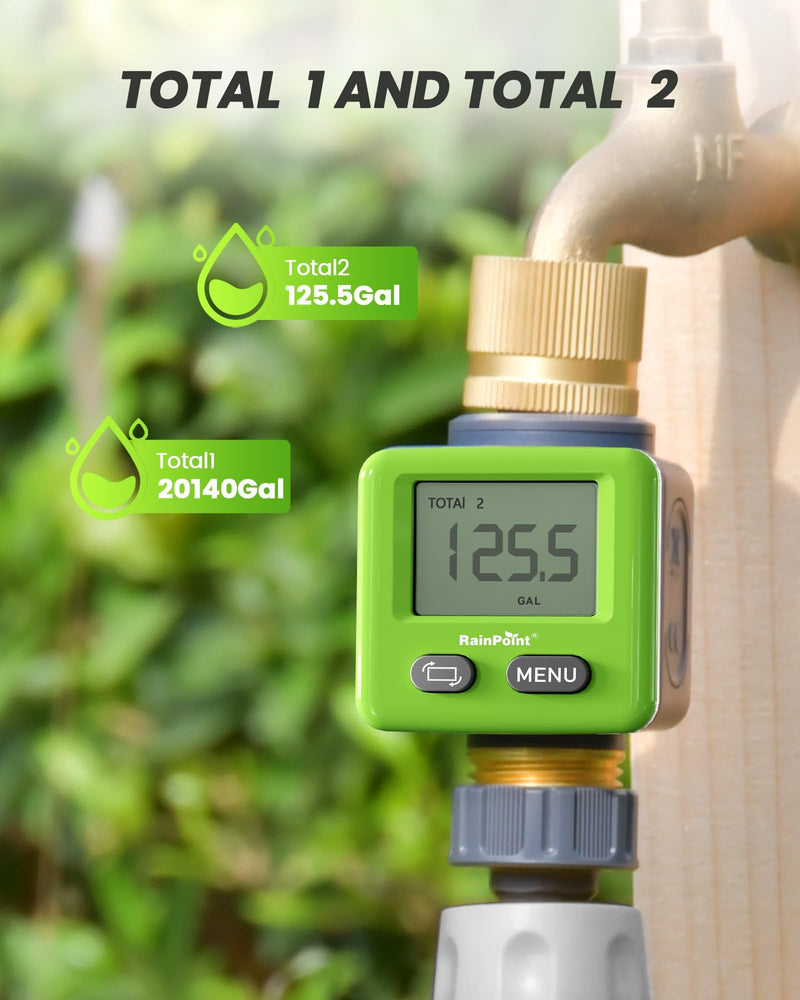 [Australia - AusPower] - RAINPOINT Water Flow Meter, ±5% Accuracy, Pure Brass Inlet & Outlet Water Meter, 180° Screen-Flip, 4 Measure Modes for Outdoor Garden Hose, Lawn Sprinkler Watering, RV Water Tank Filling, Green 