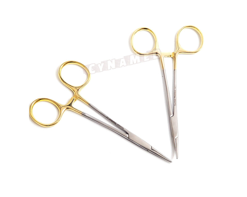 [Australia - AusPower] - Premium German Stainless- Set of 2 PCS Gold Handle Mosquito Locking HEMOSTAT Forceps Straight + Curved 5"-Cynamed 