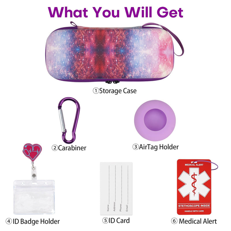 [Australia - AusPower] - MGZNMTY 6 Pcs Stethoscope Case Kit, Perfect Nurse Gift Include Hard Stethoscope Case for 3M Littmann Classic III, AirTag Holder, Medical Alert Label, ID Card, Nurse Badge Clip, Carabiner (Galaxy) Galaxy 