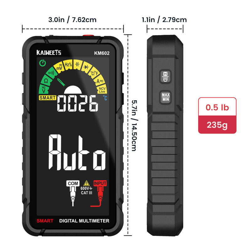 [Australia - AusPower] - KAIWEETS Smart Multimeter Rechargeable Electrical Tester with Auto Ranging Digital Voltmeter Measures Voltage Current Resistance Continuity Capacitance Temperature Frequency NCV 6000 Counts TRMS Black KM602 Full-screen smart multimeter 