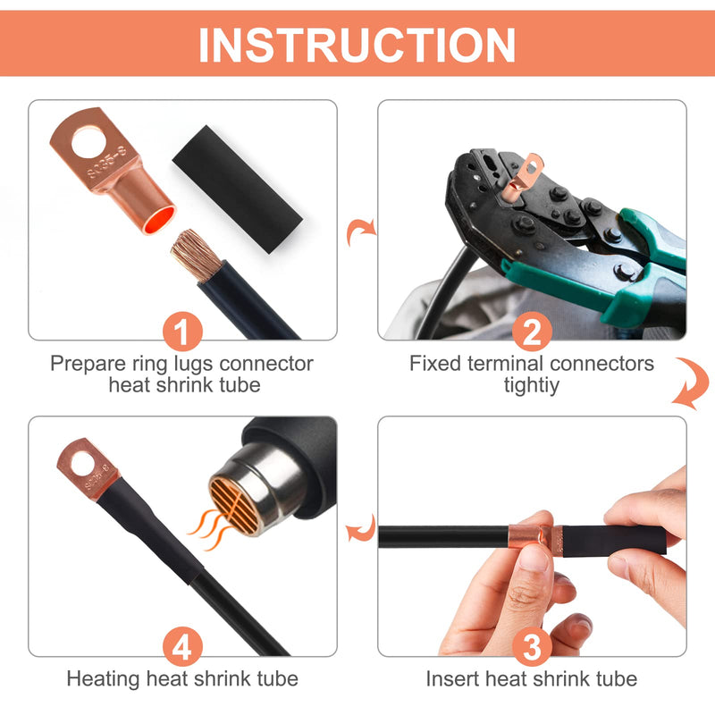 [Australia - AusPower] - Copper Wire Lugs,Terminal Connectors,Used on AWG12 10 8 6 4 2 Cable,Heat Shrink Set,Bare Copper Eyelets,Ring Terminals Connectors,64Pcs Battery Cable Lugs Ends and 66Pcs Heat Shrink Tubing (130PCS) 130PCS 