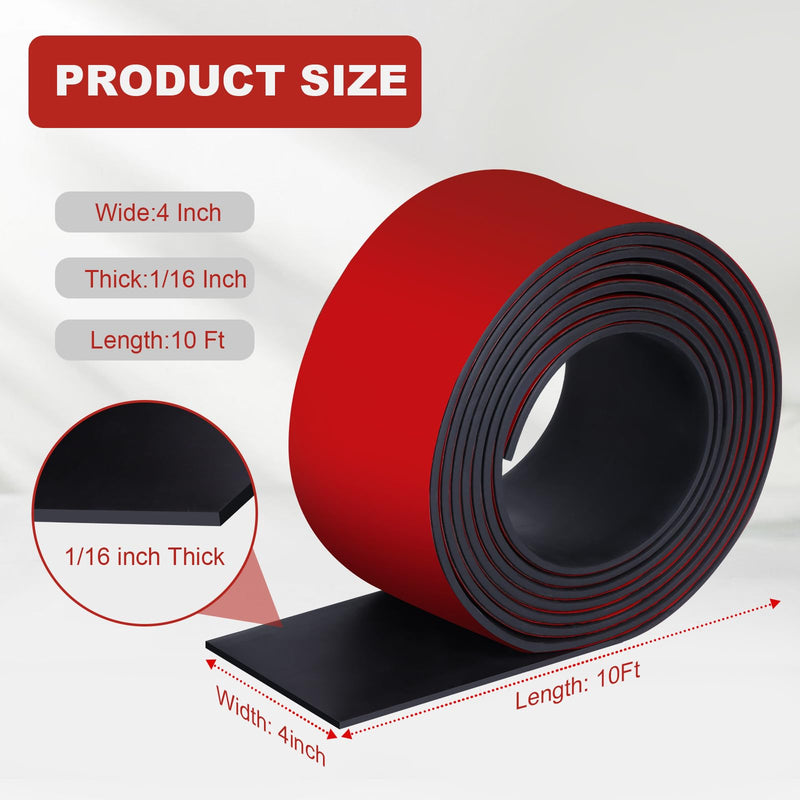 Rubber Strips with Adhesive Backing, 4" W x 1/16" T x 10' L Solid Neoprene Rubber Sheets, Rolls & Strips for DIY Warehouse Flooring, Gasket, Pads, Padding, Matting, Crafts Protection 4" Wide x 1/16" Thick x 10' Long