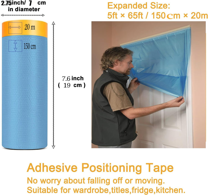 Painters Plastic With Tape,Tape and Drape, Automotive Pre-Taped Masking Film | 1 Roll | Self-Adhesive Painting Drop Film | Plastic Dust Sheets for Decorating, Cars Painting| 60 in x 65 feet
