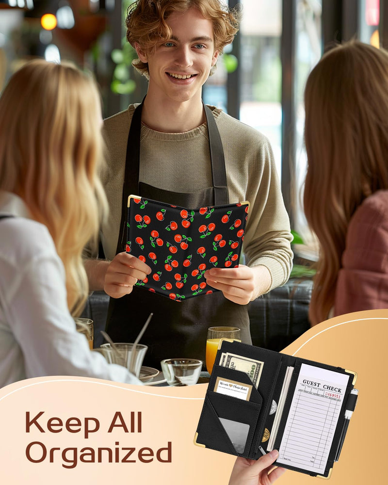 [Australia - AusPower] - Server Book for Waitress Cute Serving Books with Zipper Pocket Accessories Leather Server Check Book Restaurant Waiter Server Booklet Organizer Ticket Book Holder Cherry 