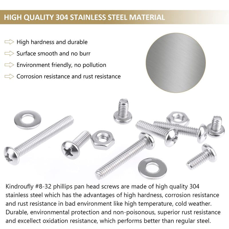 [Australia - AusPower] - 202 Pieces #8-32x 1/4", 5/16", 3/8", 1/2", 5/8", 3/4", 1", 1-1/4", Phillips Pan Head Machine Screws Nuts Washers Assortment Kit, 304 Stainless Steel, Fully Machine Thread #8-32 