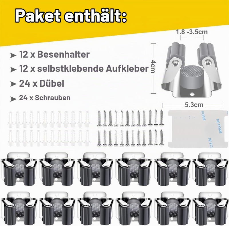 KAHEIGN 12-Piece Tool Holder Set, Broom Holder, Wall Garden Tool Holder, Broom Holder, Wall, Stainless Steel Wall Mount for Mop, Broom, Shovel, Garden Tools, Tool Holder Home Garden