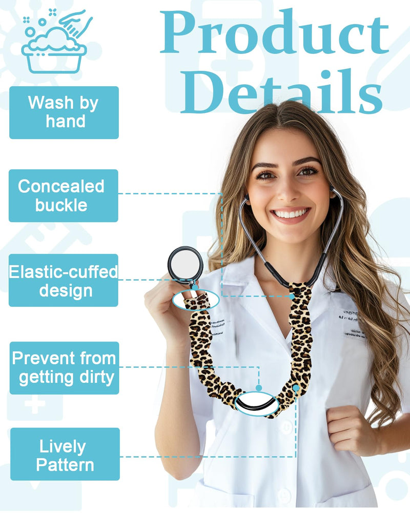 [Australia - AusPower] - Plifal Elastic Stethoscope Cover Sleeve for Nurse Doctors Cuff Accessories - Leopard Print Pleated Design, Fits Most Dual-head Removable & Single-head Stethoscopes, Comes with Diaphragms and Earplugs brown 