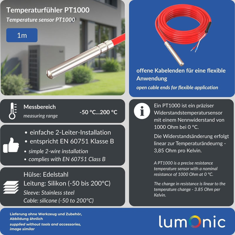 [Australia - AusPower] - Lumonic PT1000 Temperature Sensor with Silicone Cable 1 m I -50 to 200 °C I 6 mm I 2-Wire Connection I IP65 I Temperature Sensor Sensor I for Heating, Heat Pump, Photovoltaic, Automation 1m 