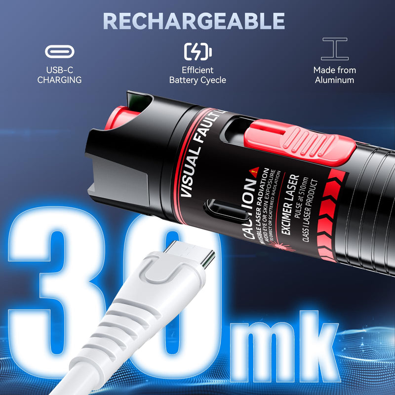 [Australia - AusPower] - Visual Fault Locator 30KM - Rechargeable VFL Fiber Optic Tester Kit Include Single Mode 9/125um FC Male to LC Female Adapter, Fiber Optic Lights for Network Cable 30km-Rechargeable 