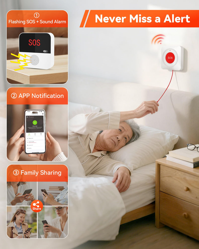 PILSAMAS WiFi Caregiver Wireless Call Button System - 2 Lanyard + 1 Pull Cord Emergency Button, No Monthly Fee APP Alert, Custom Names/Tones, Elderly Safety for Mobile, Bathroom & Bedside Care P5- 2 LANYARDS+1 PULL BUTTON + 1 HUB