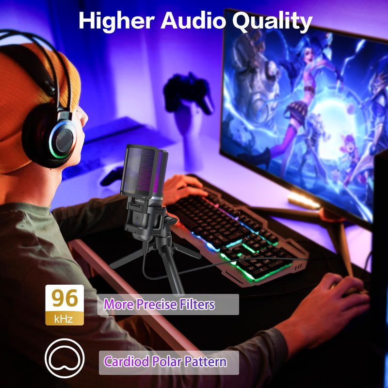 [Australia - AusPower] - ZealSound Gaming USB Microphone for PC,RGB Condenser Computer Mic with Tripod Stand,Quick Mute,Gain Control for Gaming,Streaming,Podcasting,Recording,ASMR,Cardioid Mic Kit for Laptop/PS4/PS5/Phone RGB 