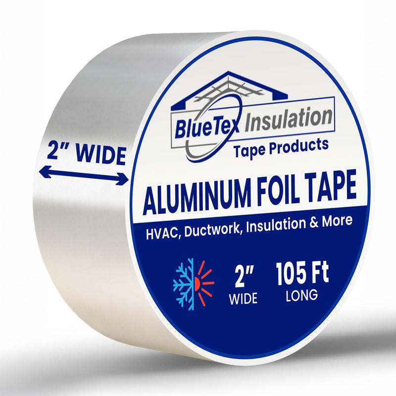 BlueTex InsulationㅤHVAC Aluminum Foil Tape 2 inch x 35 Yards (105 feet) 4 mil, Heavy-Duty Silver Duct Tape Metallic, High/Low Temperatures Aluminum Tape for Ductwork, Insulation & Vapor Barrier Seams 2" wide x 105' long