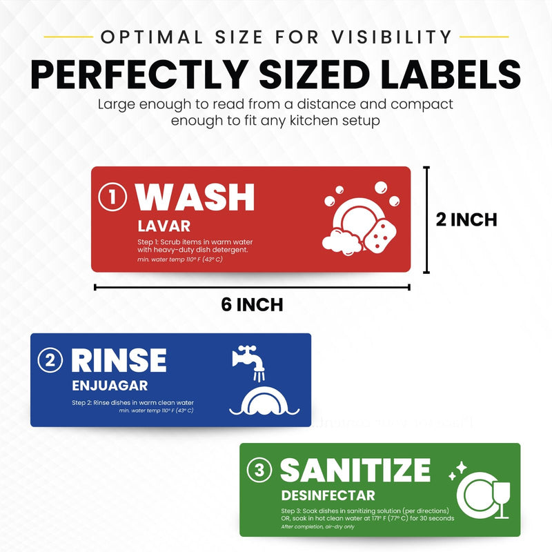 [Australia - AusPower] - [Enhanced] Wash Rinse Sanitize Sink Labels | 3 Compartment Sink Stickers | Training Labels for Dishwashing | Food Service, Restaurant, Commercial Kitchen (1 Set: 6 x 2 in) 1 Set 