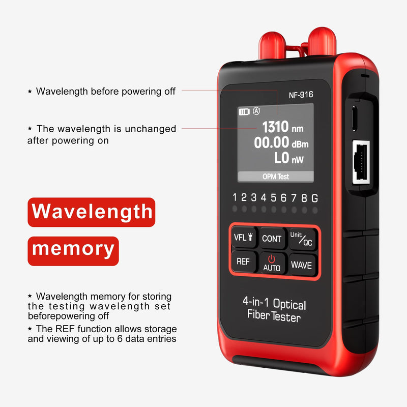 [Australia - AusPower] - Optical Power Meter Fiber Optic Cable Tester 4 in 1 Optical Fiber Light Power Meter, Portable Built-in 10mW Visual Fault Locator (OPM&VFL) Network Cable Tester, FC/SC/ST Universal Interface USB Charge NF-916 