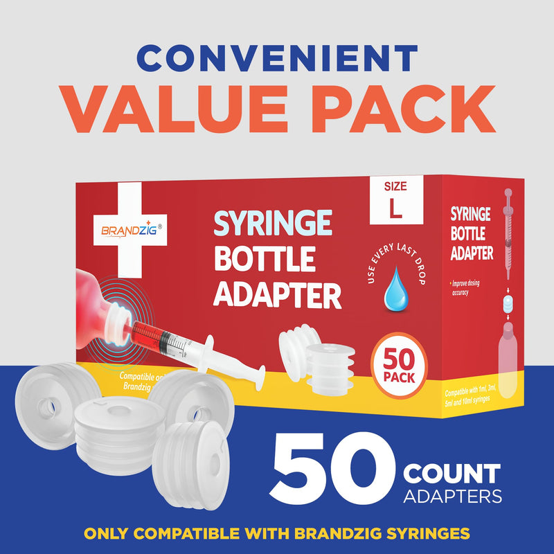 [Australia - AusPower] - Medicine Bottle Syringe Adapter For Oral Dispensers | Size Large, 50 Pack | Press In Bottle Adapter for Liquid Medication | Only Fits Brandzig 1ml, 3ml, 5ml & 10ml Syringes 