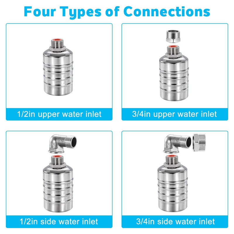 2 Pack Water Float Valve For Water Tank,1/2" to 3/4'' Fully Automatic Water Level Control Float Valve, 304 Stainless Steel Water Trough Float Valve For Water Tank Pool Livestock Troughs Distille 2 Pack