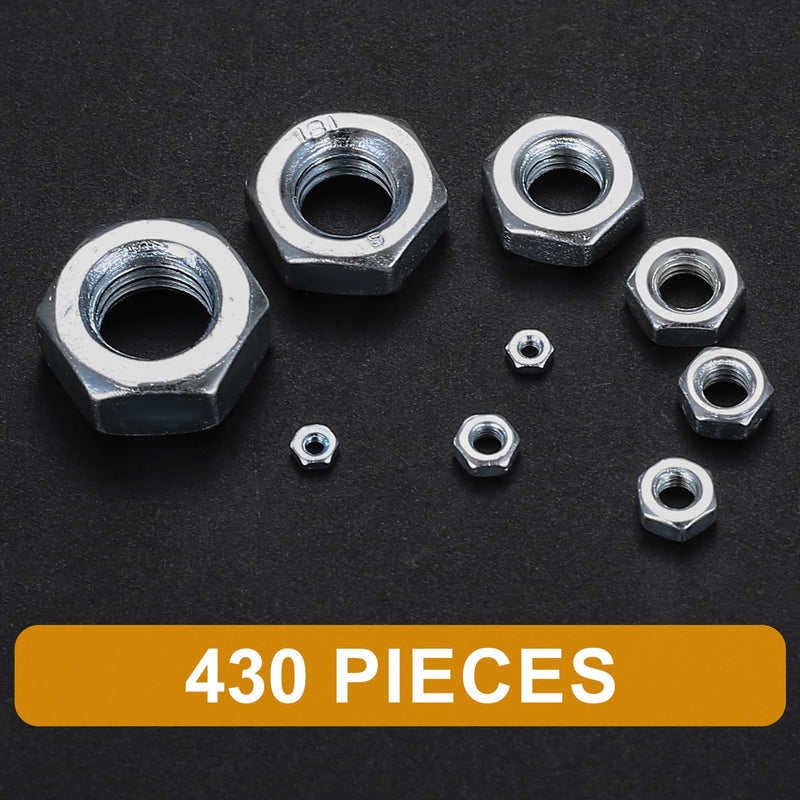[Australia - AusPower] - Metric Hex Nuts Assortment Kit, 430 Pcs Stainless Steel Hex Nuts Set, Hex Hardware Nuts, Coarse Thread Hexagon Nuts for Screw Bolts, M2 M2.5 M3 M4 M5 M6 M8 M10 M12 