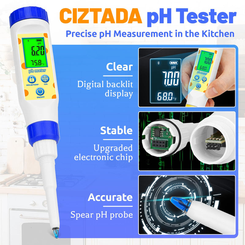 [Australia - AusPower] - Smart pH Tester for Food Fermentation, Digital Food pH Meter with Spear pH Probe Accurate Test of Canning, Jam, Cheese, Kombucha, Meat, Sourdough, Liquid Semi-Solid pH Test Pen for Home Use 
