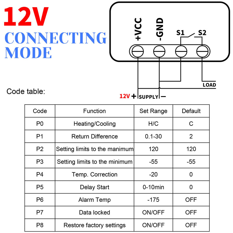 [Australia - AusPower] - Frienda W3230 LCD Digital Thermostat DC 12V 20A Temperature Controller Meter Temperature Switch -50-110 Degrees Celsius with Temperature Sensor High Temperature Alarm LED Display (Pack of 2) 