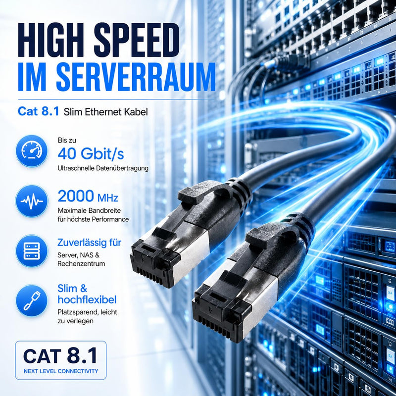 1aTTack.de 5 m Cat 8.1 LAN Cable Network Cable (Pack of 1) Cat 8 Ethernet Cable with RJ45 Connector Slim and Thin with 40 Gbps Transfer Rate Black 5.0 m 1 piece black 1