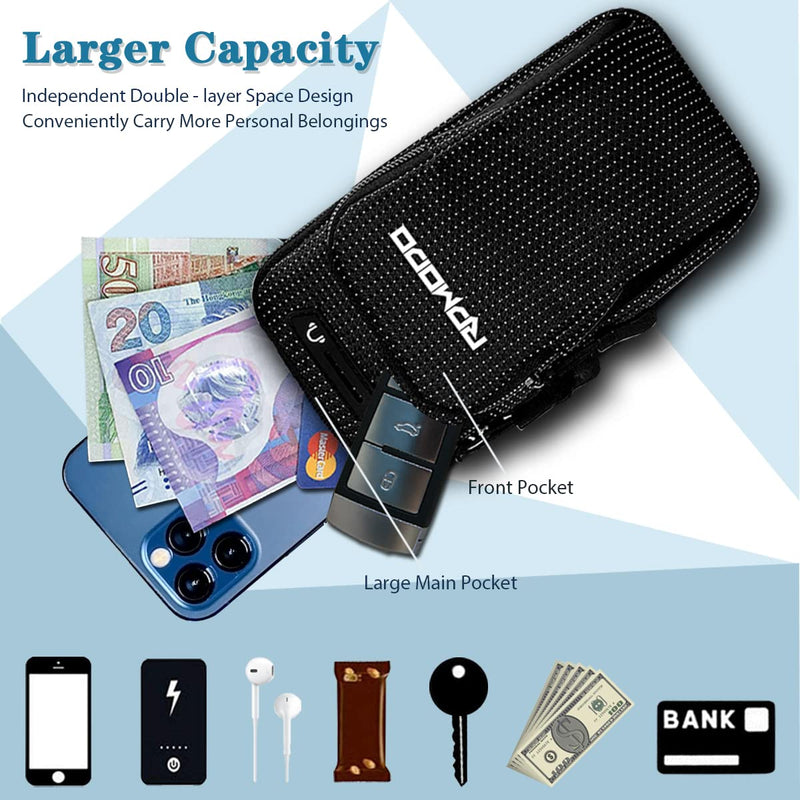[Australia - AusPower] - Running Armband Phone Holder, Water Resistant Arm Bands for iPhone Samsung LG Card Keys, 2 Pockets Plus Size Elastic Band Phone Pouch for Running Exercise Gym Walking Women Men Under 7.5 Inch 7.5 inches Black 
