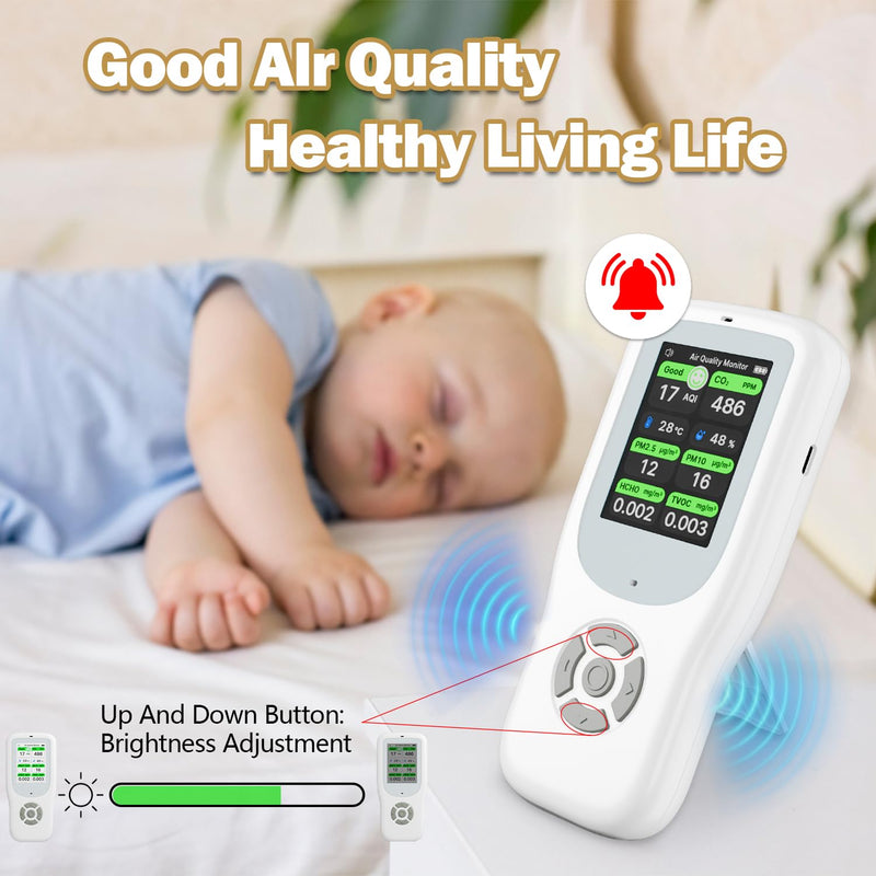 [Australia - AusPower] - 11-in-1 Air Quality Monitor - Portable Indoor Air Quality Detector with Stand, Real-Time Test for AQI, CO2, PM2.5, PM1.0, PM10, TVOC, HCHO, Particles, Temperature & Humidity with Aler (White-Black) White-Black 