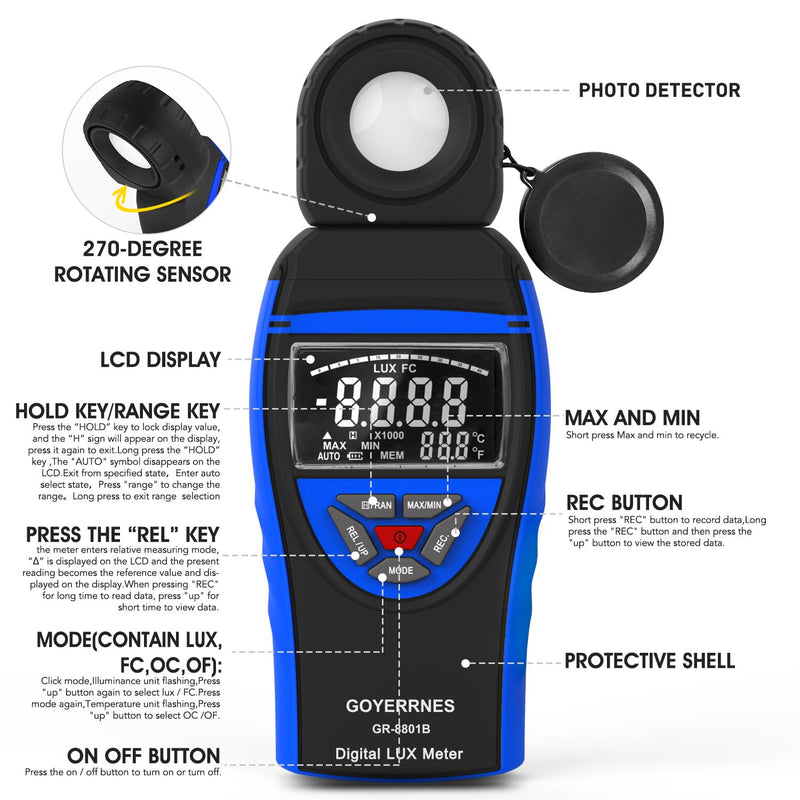 [Australia - AusPower] - Illuminance Light Meter, Digital Lux Foot Candles Meter 0.1~400,000 Lux (0.1~40,000 FC) with 270º Rotatable Detector, Lumen Meter Luxmeter for Indoor Outdoor（Blue） 