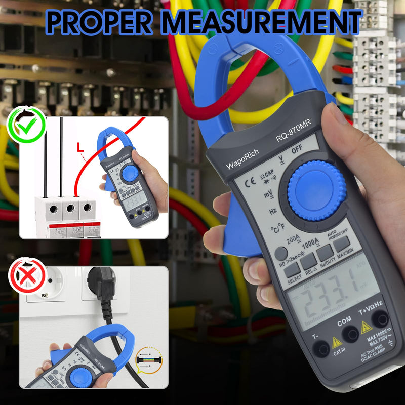 [Australia - AusPower] - Clamp Multimeter TRMS Auto-Ranging, 4000 Counts AC/DC Voltage Current Meter, Temp Frequency Capacitance Diode Continuity Tester Backlit(RQ-870MR) 
