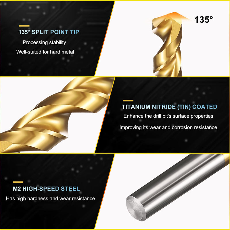 PATIKIL 12.5mm Drill Bit, Jobber Straight Shank M2 High-Speed Steel 135° Titanium Nitride TiN Coated for Stainless Steel Hard Metal - 6 Pack
