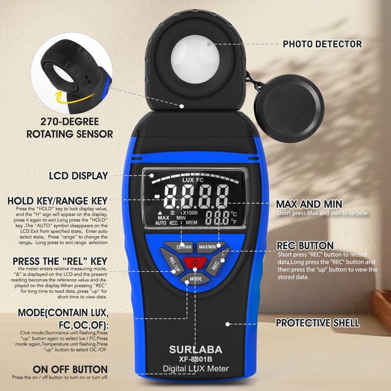 [Australia - AusPower] - Digital Light Meter 0.1-400,000 Lux - Professional Lux/FC Tester with Temperature Sensor, MAX/MIN Hold & 90° Rotatable Sensor for Photography, Plants, and Indoor Lighting (Blue) 