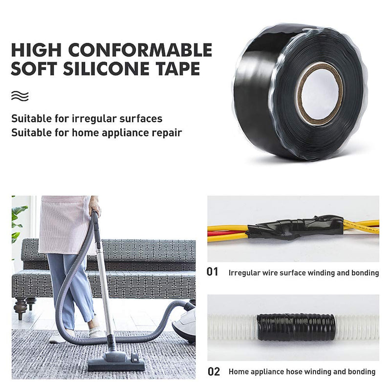 CLAVICHORD Seal Self Fusing Silicone Tape - 1 Inch Wide and 15 Feet Long Weatherproof Self Fusing Sealing Tape for Emergency Pipeline Repair/Cable Bandage/Tool Fixing（Black）