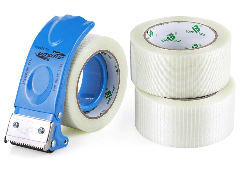 BOMEI PACK 3Rolls Filament Strapping Tape 2Inch with Dispenser, Heavy Duty Fiberglass Reinforced Packing Tape for Shipping, Cross Bi Directional Filanent Tape 2inch x 30Yds x 5.9Mil, Total 90Yds 3