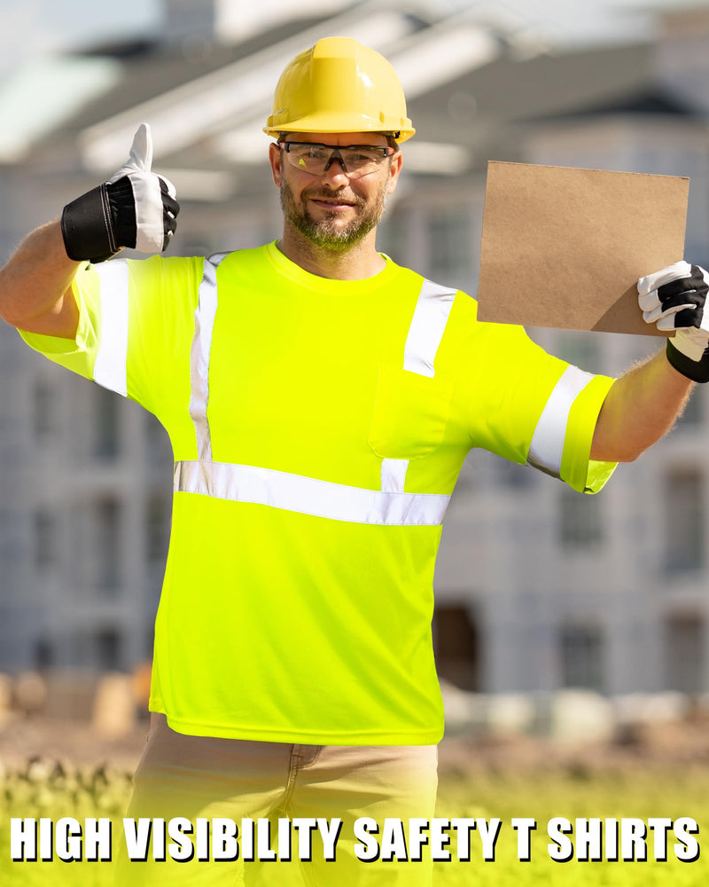 JaGely 4 Pcs Reflective Safety Shirts Short Sleeve High Visibility Hi Vis T-shirts for Construction Work with Front Pocket Medium Yellow