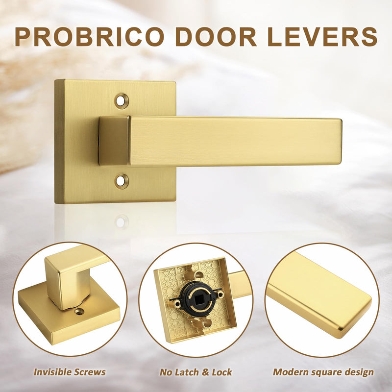 Probrico 2 Pack Gold Dummy Door Handles,Modern Closet Door Knobs,Heavy Duty Interior Non-Turning Handle Reversible for Right & Left Handed Side