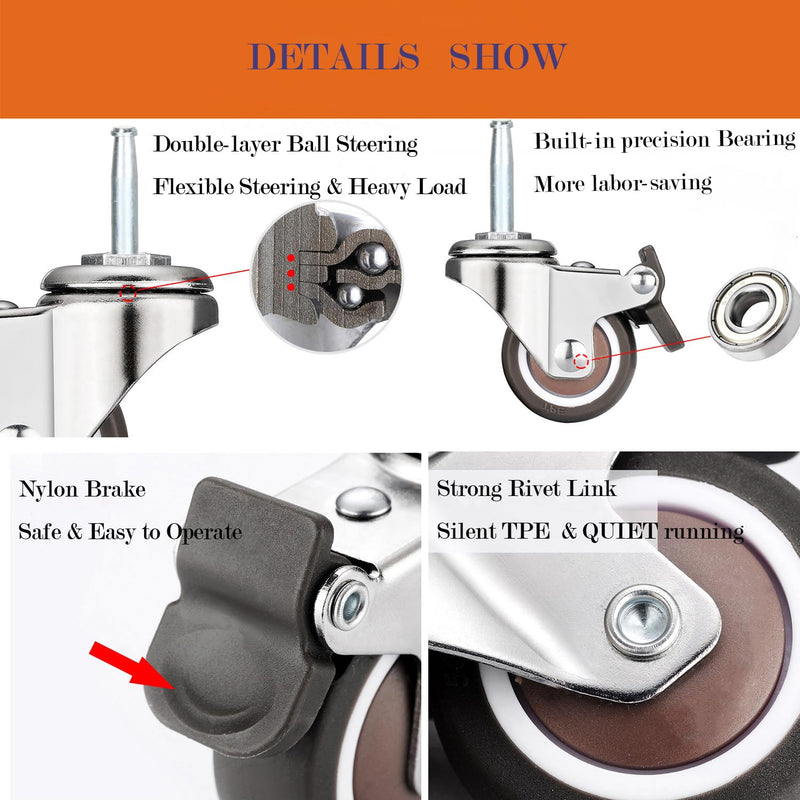 [Australia - AusPower] - Stem Caster Wheels with 5/16" x 1-1/2" (8 x 38mm) Stem Sockets TPR Replacement Castors Swivel Casters for Carts, Furniture, Dolly, Workbench (2.0 inch Without Brakes) 2.0 inch without Brakes 