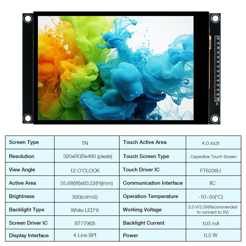 [Australia - AusPower] - 4.0 Inch 320x480 TN Capacitive Touch Screen LCD Display Module SPI Serial ST7796S Driver for Arduino R3/Mega2560 4.0" 