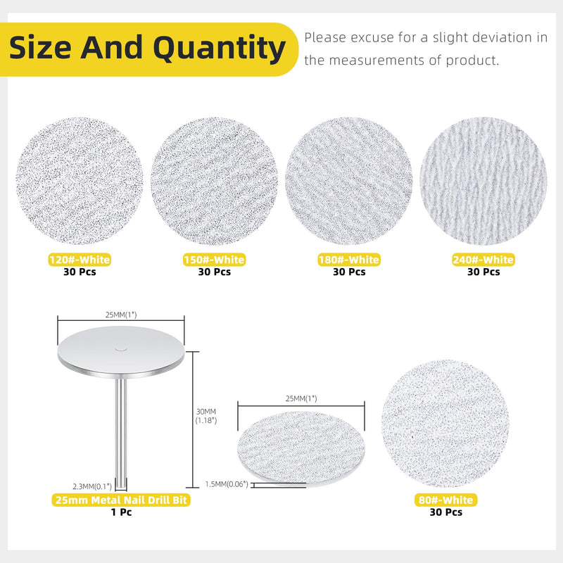 Pack of 151 Sanding Discs Pedicure 25 mm, 80/120/150/180/240 Grit Feet Grinder Sandpaper with Metal Bit, Replacement Sandpaper Nail Cutter for Callus Remover White 150pcs