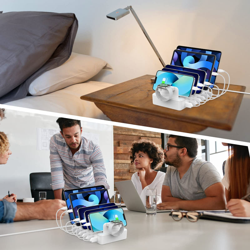 [Australia - AusPower] - CREATIVE DESIGN Charging Station for Multiple Devices,50W 6 Ports Charging Dock with 6 Cables Compatible with Cellphone,Tablet, Kindle, Apple Watch and Other Electronic White 