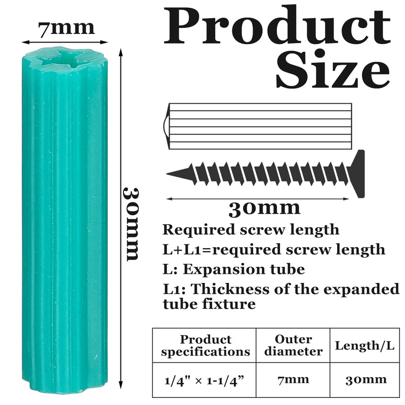 [Australia - AusPower] - 200 Pcs Expanding Plastic Screw Anchors 1/4" Hole Green Plastic Anchors for Concrete Tile Cement Bolt Expansion Tube for #10,11,12 Screws, Fix to Wall Drywall or Other Surface(1-1/4") 1-1/4" 