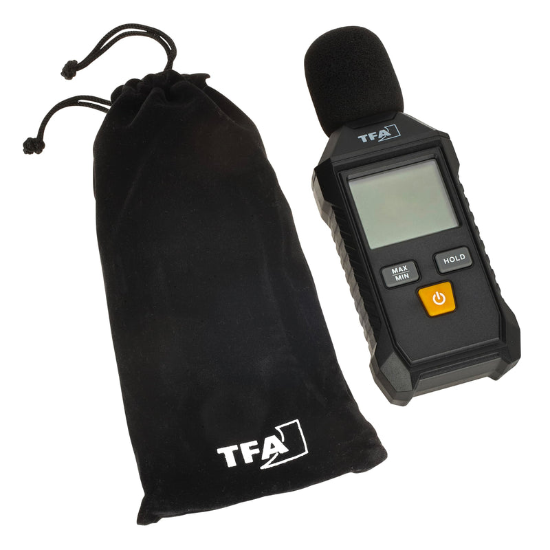TFA Dostmann Sound Meter Digital Calibration 31.2002, 35 to 130 dBA, with Frequency Rating, Backlight, Includes Wind Protection, Storage Bag, Max. Min Function, Black