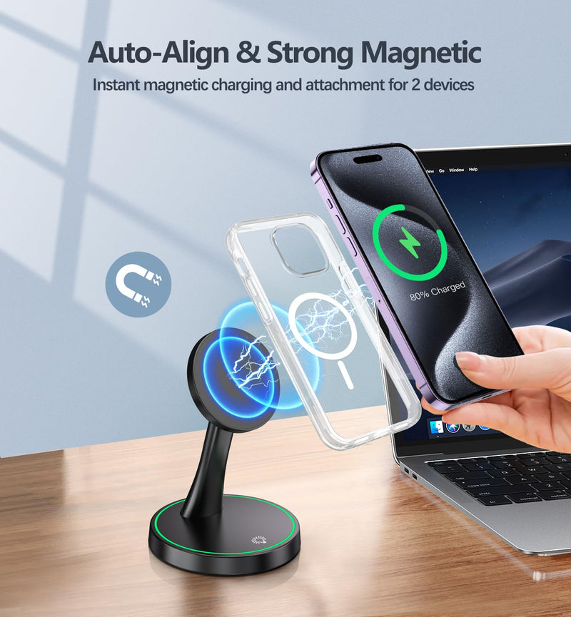 [Australia - AusPower] - Magnetic Wireless Charger Stand 15W Fast Mag-Safe Charger for iPhone 15/15 Pro/15 Plus/15 Pro Max/14/13/12 Series Magnet Wireless Charging Station/Pad with Sleep-Friendly Light for AirPods 3/Pro/Pro 2 Black 