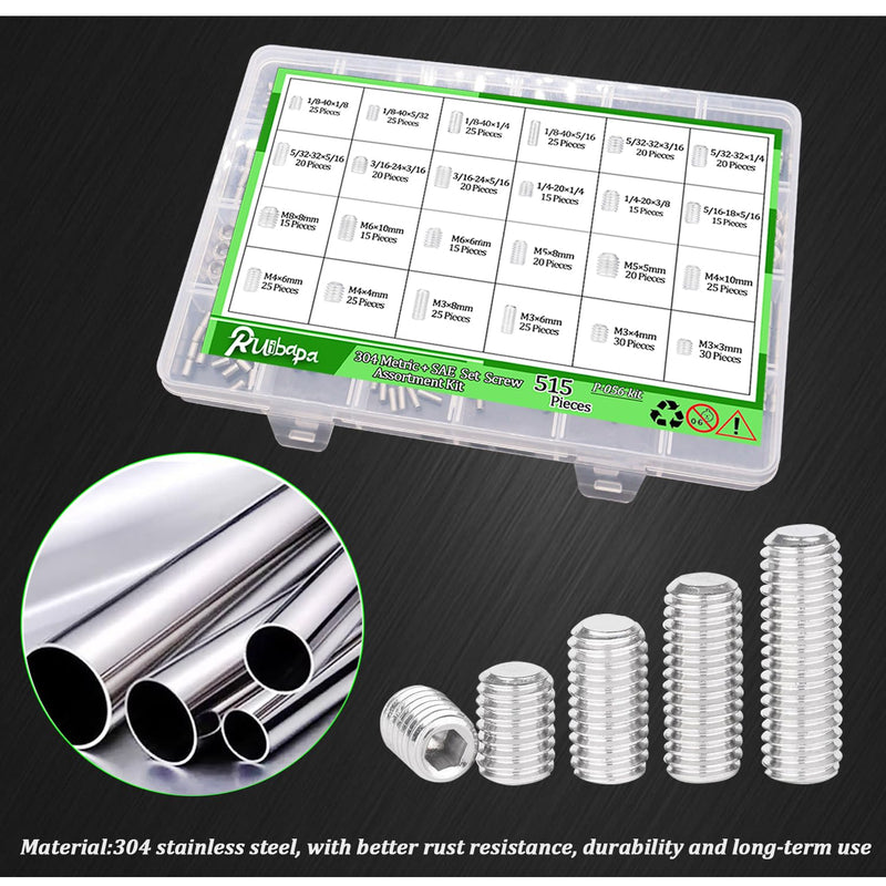 [Australia - AusPower] - 525 PCS Set Screw Assortment Kit Metric + SAE 24 Size 304 Stainless Steel Grub Screw Internal Hex Drive Cup-Point Allen Screws Set M3 to M8 and 1/8-40 to 5/16-18 Silver 525pcs 