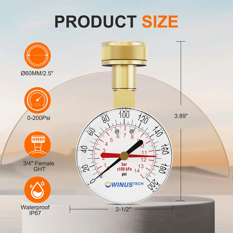[Australia - AusPower] - Water Pressure Gauge 3/4" Female,0-200 PSI Pressure Gauge Water Pressure Test Gauge for Home,2.5" Dial. 