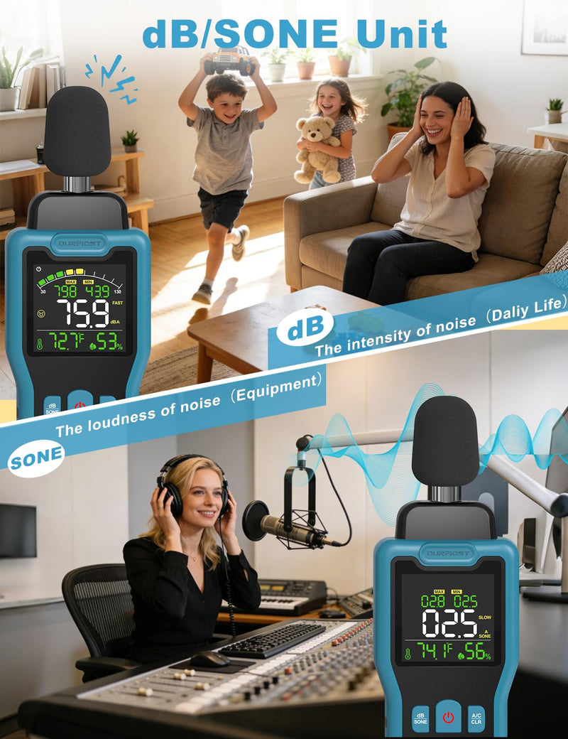 DURFICST Decibel Meter 30-130dB Meter with Temperature Humidity | Sound level meter with LCD color display, AC rating, dB/SONE unit, fast/slow response time