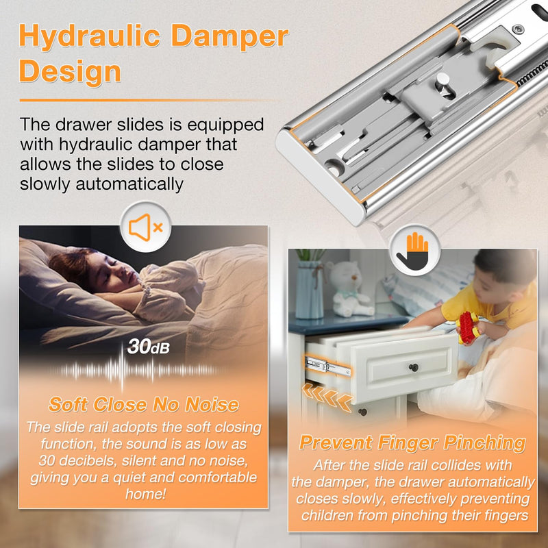 YENUO Stainless Steel Soft Close Drawer Slides Full Extension 10-24 Inch | Side Mount Heavy Duty Quiet Self Closing Cabinet Drawer Glides Rails 10–24 Inch for Kitchen Dresser Furniture Hardware 1Pair White-Stainless Soft Close 16 Inch 1