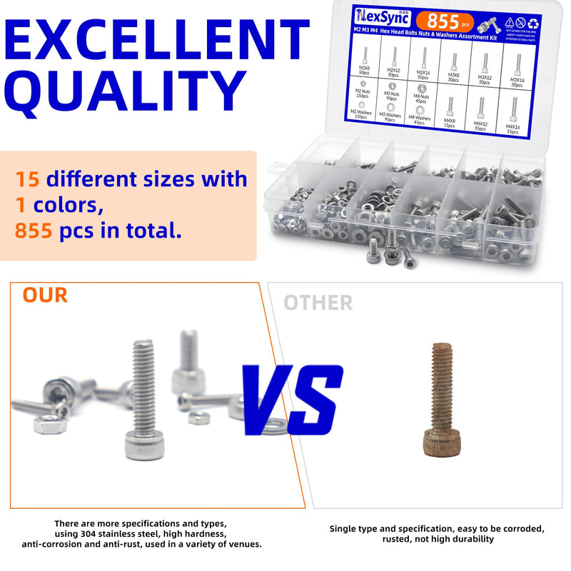 [Australia - AusPower] - 855Pcs Machine Screws Nuts and Bolts Assortment Kit, M2/M3/M4 Socket Head Cap Assorted 304 Stainless Steel Bolts Nuts Flat Washers Bolts with Case Hex Socket Head 