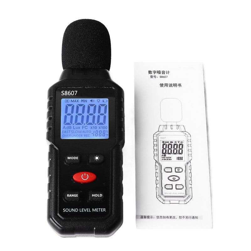 Decibel Meter, S8607 Digital Sound Level Meter 30-130 dB with LCD Display with Backlight MAX/MIN, Portable SPL Meter with Data Storage, High Precision