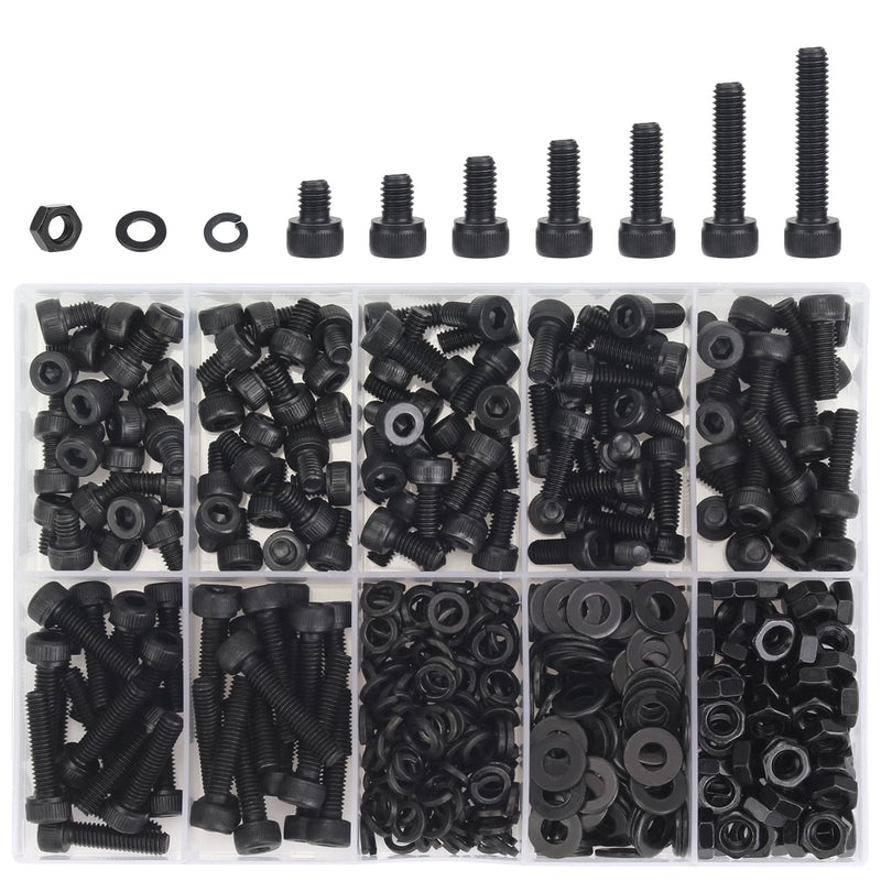 [Australia - AusPower] - 386 Pieces M4 Black Screws, 12.9 Grade Alloy Steel M4x 5/6 /8/10 /12/16 /20mm Hex Socket Head Cap Screws Bolts Nuts Washers Assortment Kit 
